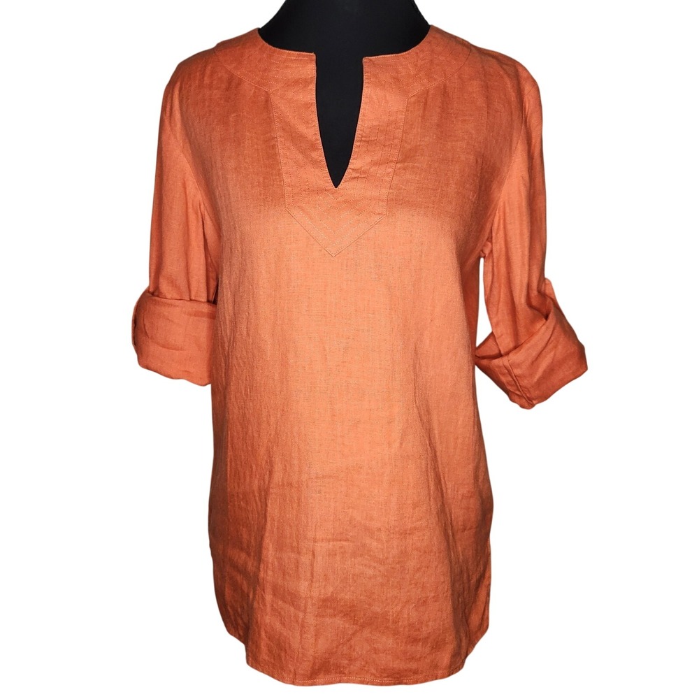 RALPH LAUREN Tunic Womens PS Petite Small Orange Linen Roll Tab Sleeve Lagenlook